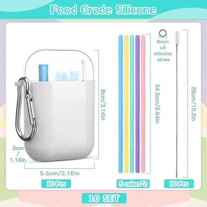 Mumufy 10 Set Silicone Travel Straws with Case Reusable Straws Foldable Drinking Straw Collapsible Portable Straw Set for Party Cold or Hot Straw with 10 Carry Cases 10 Cleaning Brushes 10.2 Inch Long