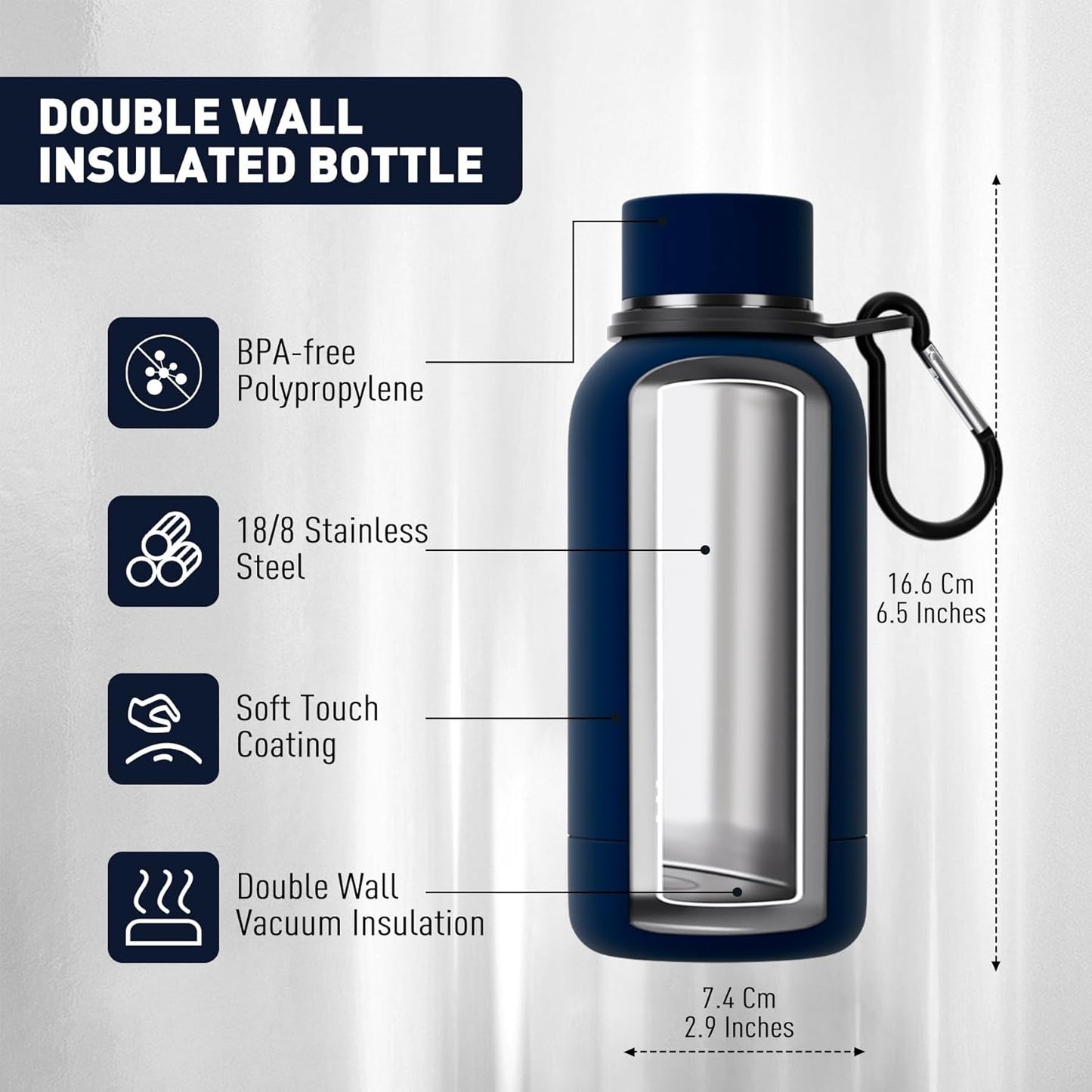 Exllena Slim Insulated Water Bottles for Travel 18oz with Clip, Double Wall Vacuum Stainless Steel Water Bottle Keeps Drinks Cold 24 Hrs/Hot 12 Hrs, 100% Leakproof, BPA Free(Black)