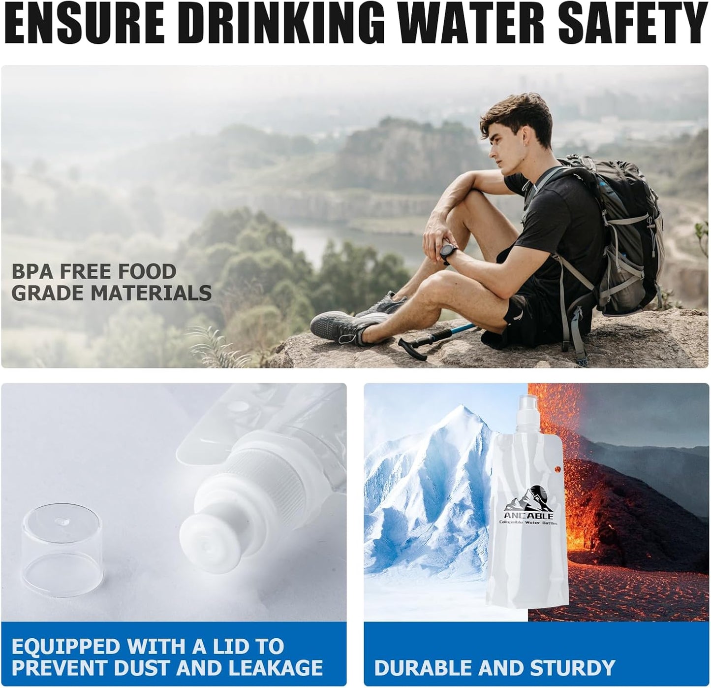 Ancable 33oz (1L) Collapsible Water Bottles, 3-Pack Reusable Travel Foldable Water Bottles for Hiking Camping Running Bike, BPA-Free Water Bottle