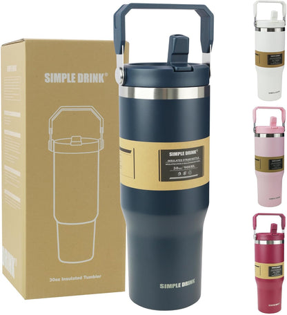 30oz Flip Straw Insulated Water Bottle with Handle, Leak Proof Stainless Steel Travel Tumbler With Lid, Double Wall Vacuum Iced Coffee Travel Mug, Sport Cup, Outside use