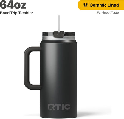RTIC 64oz Road Trip Tumbler with Handle, Lid and Straw, Ceramic Lined, Insulated, Stainless Steel, Double Wall Vacuum-Insulation, Travel Cup, Cool Grey