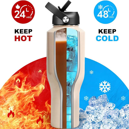 HYDROWION 32oz Stainless Steel Water Bottle(Cold for 48 Hrs, Hot for 24 Hrs),Double Wall Vacuum Insulated Water Bottle with Straw Lid, Spout Lid and Flex Cap, Fit in Any Car Cup Holder,Black