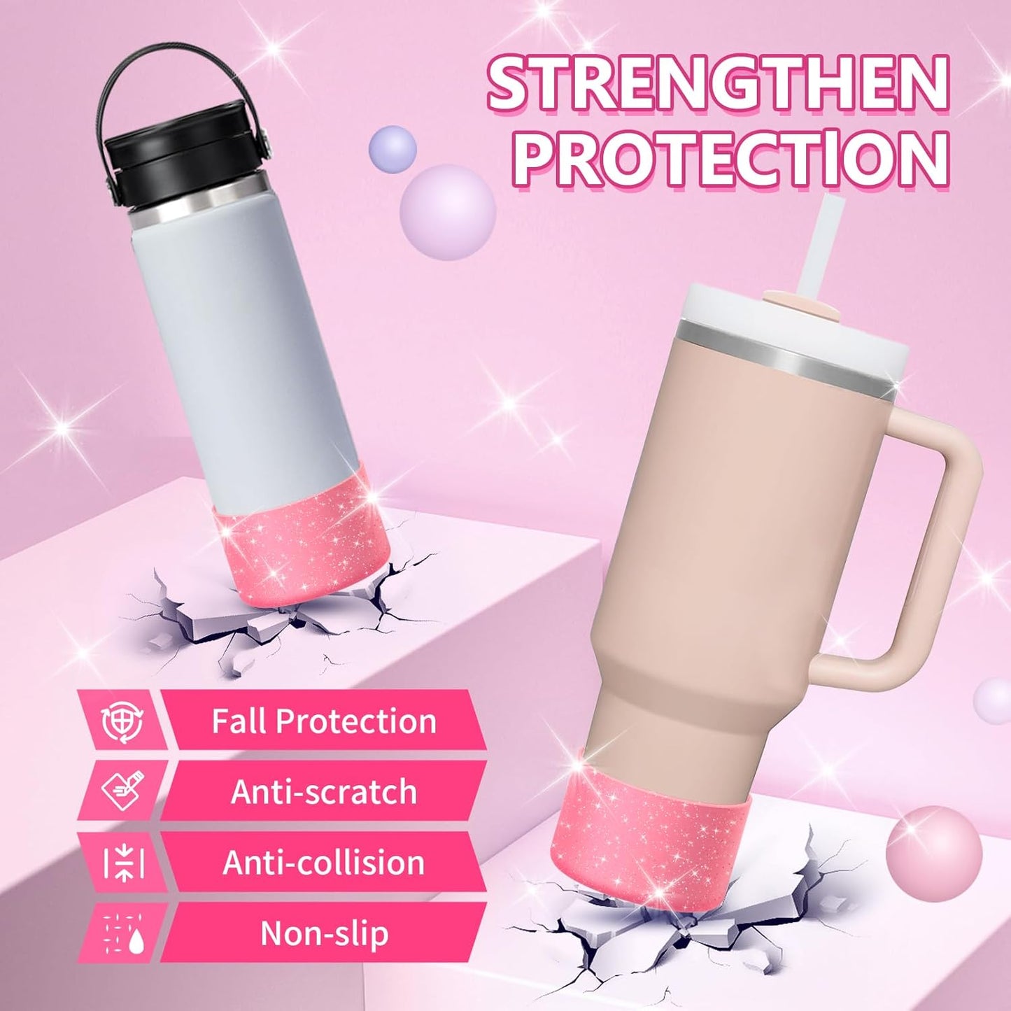 WUQID Protective Bling Silicone Boot Sleeve, Compatible with Stanley Tumbler 20-40oz & Hydro Flask Bottle 12oz-24oz, Glitter Reduces Dents Sleeve Cover for More Bottles/Tumblers Bottom of 2.83-2.95in