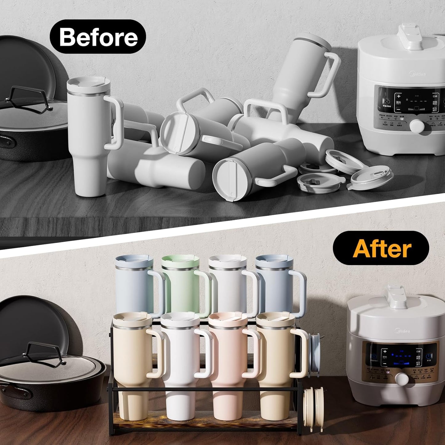 MOJOHAND Water Bottle Organizer for Full Stanley and Others' Large Tumbler Organization, Pantry Kitchen Organizers and Storage for Cup Accessories, Water Bottle Holder Wine Rack - 3 Tier Hold 12