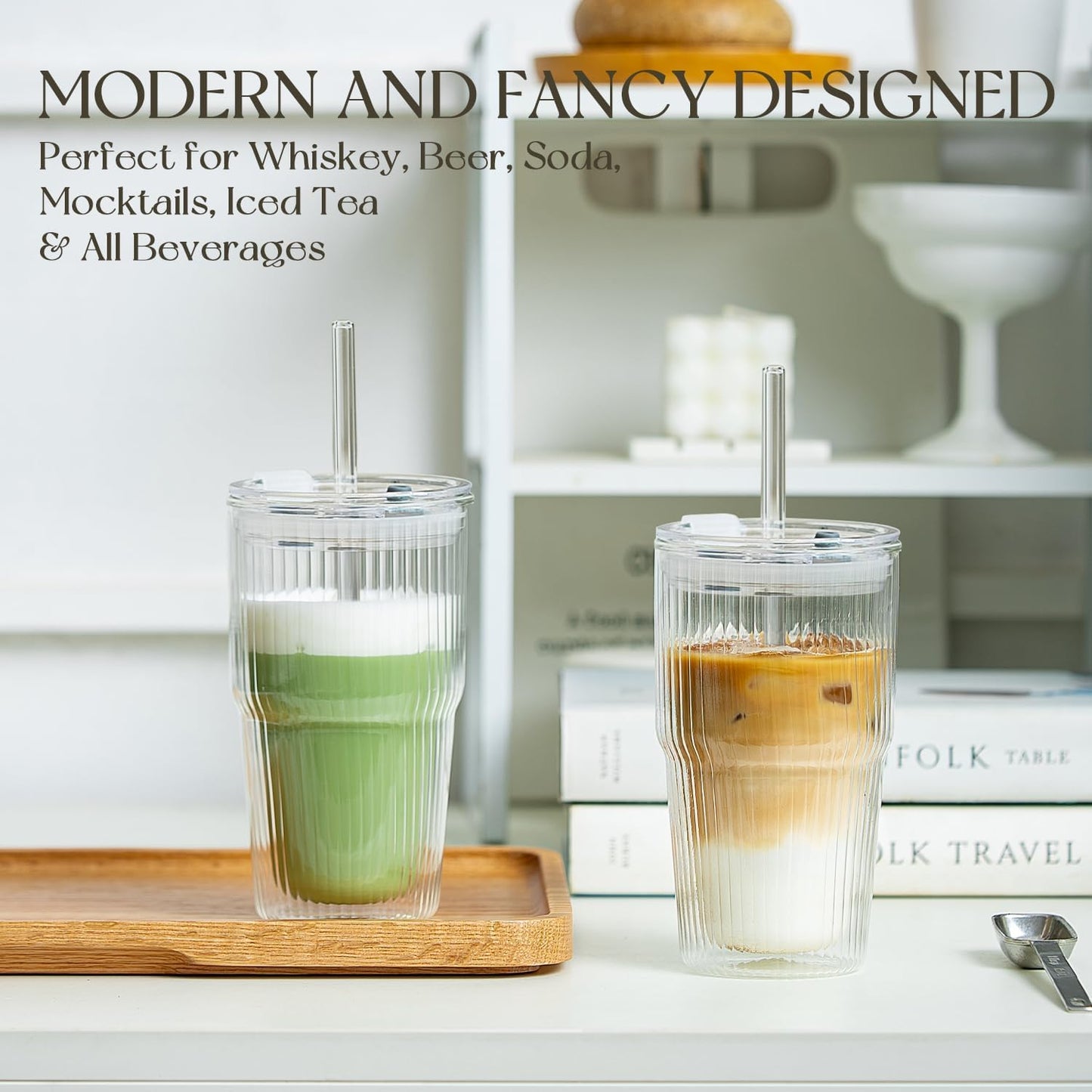 KEMORELA 16oz Ribbed Double Wall Glass Cups with Lid and Straw 2PCS, Coffee Bar Accessories，Insulated Borosilicate Glass Tumblers, To Go Iced Coffee Cups, Spill proof tumbler,tumblers & water glasses