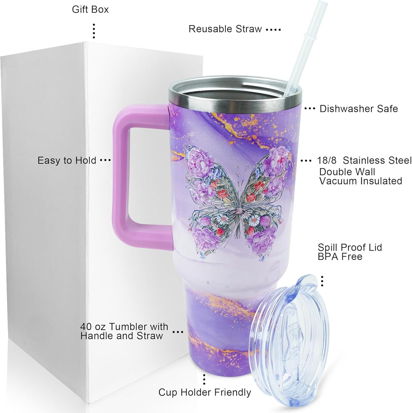 40 oz Tumbler with Handle and Straw Lid Leak Proof | You're Awesome Inspirational Mother's Day Birthday Gifts for Women Men Coworker Friends | Stainless Steel Cup Dishwasher Safe