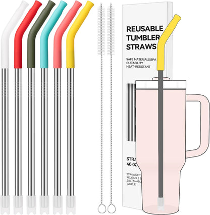 40 oz Straight Metal Straws for 40 oz Stanley Tumbler, 6 Pcs Stainless Steel Reusable Drinking Metal Straw with Colourful Silicone Tips,Straw for Glass Cups, BPA FREE