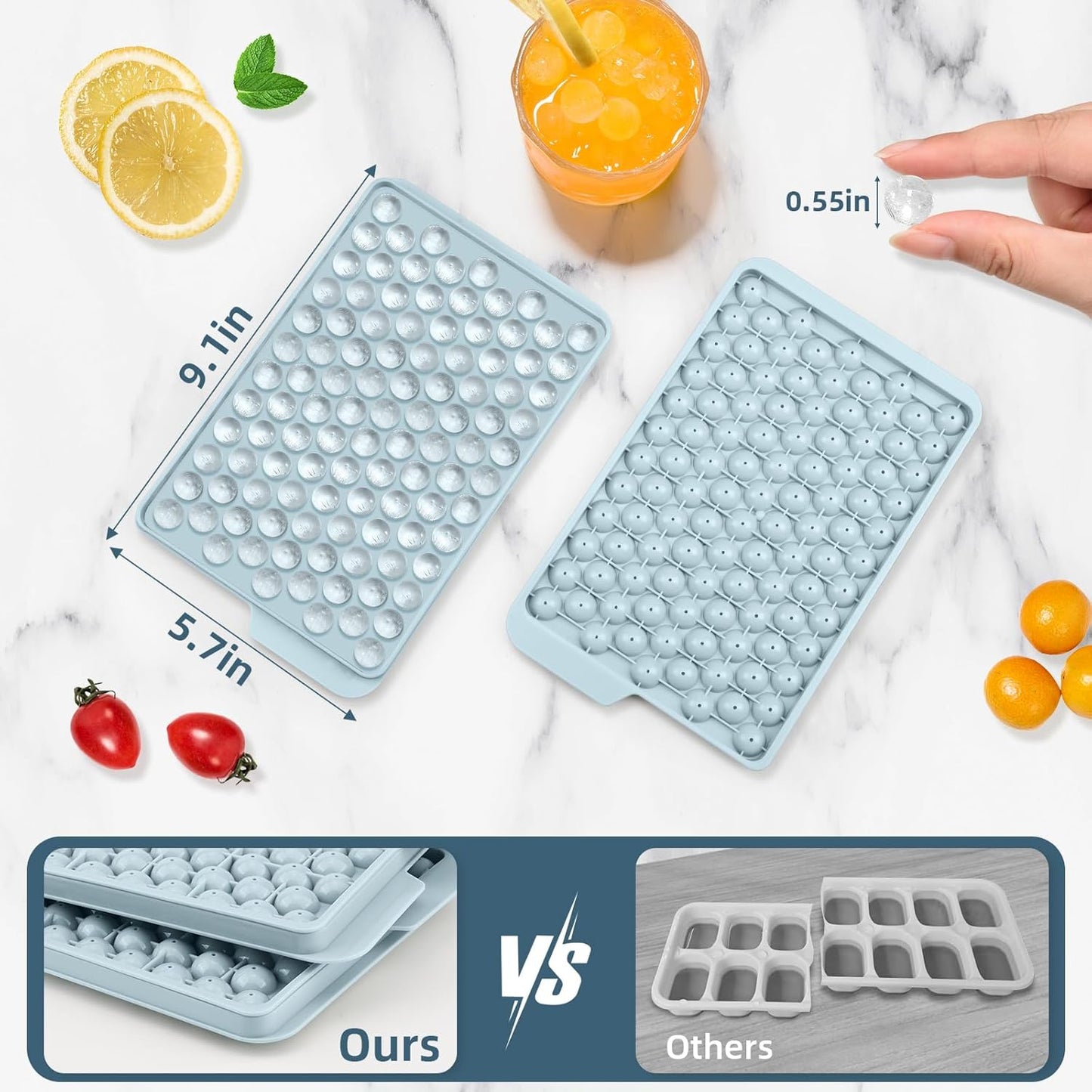 WIBIMEN Mini Ice Cube Trays, 0.55” Tiny Pebble Ice for Iced Coffee & Cocktails, Fast Chill, Easy Twist Release, Stackable with Lid & Storage Bin (4 Pack, Blue)