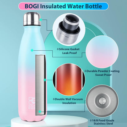 BOGI 17oz Insulated Water Bottle Double Wall Vacuum Stainless Steel Water Bottles, Leak Proof Metal Sports Water Bottle Keeps Drink Hot and Cold - Perfect for Outdoor Sports Camping Biking (Purple)