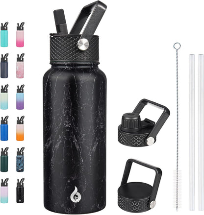 BJPKPK Insulated Water Bottles with Straw Lid, 40oz Stainless Steel Water Bottles with 3 Lids, BPA Free Leakproof Thermo, Tumblers, Cups for Sports, Gym- Midnight - Colors A