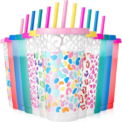 Meoky Plastic Cups with Lids and Straws - 6 Pack 24 oz Color Changing Cups, Iced Coffee Cups, Reusable Tumblers Bulk for Party, Car, Adults, Women, BPA-free (Solid & Patterned)