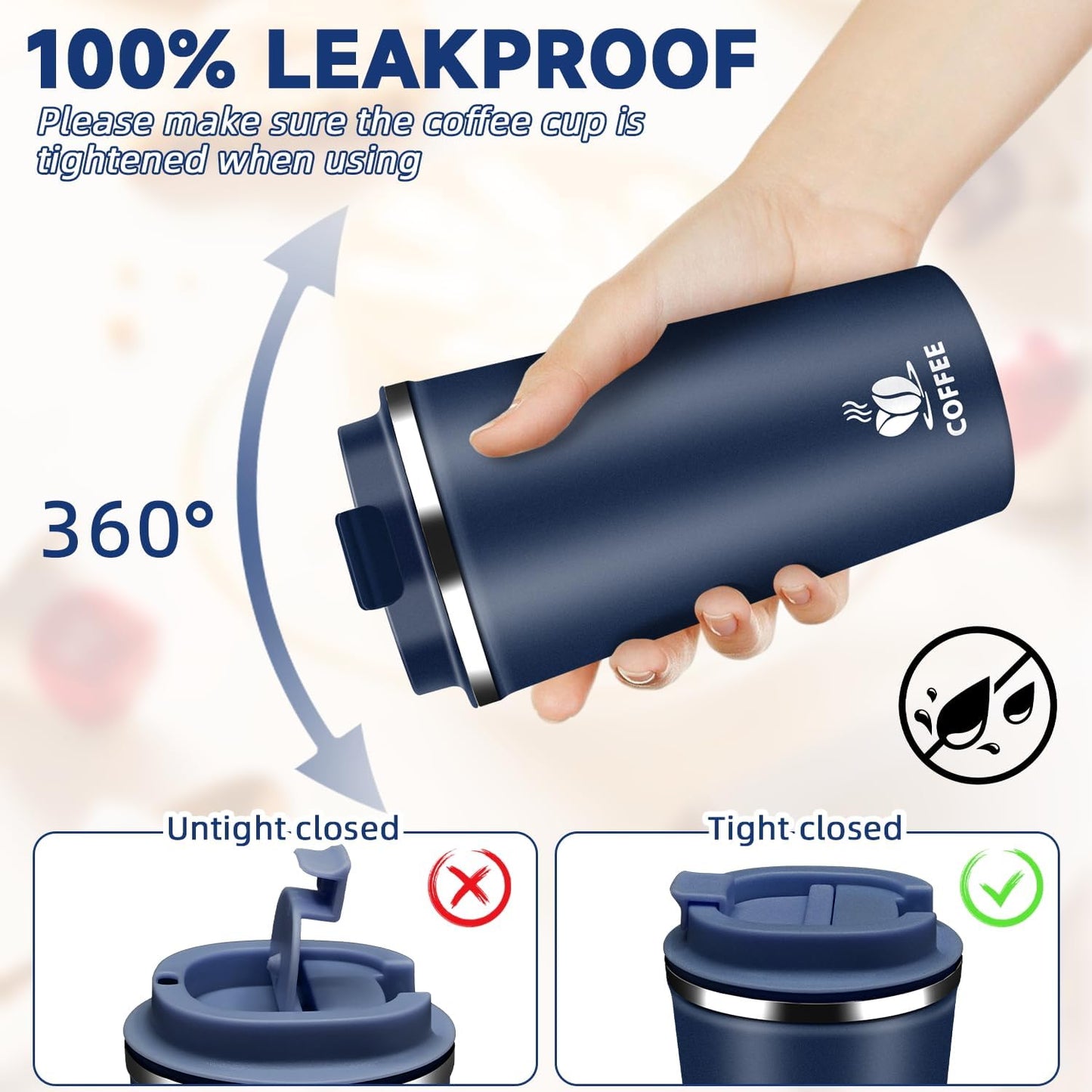 Insulated Travel Coffee Mug Reusable Coffee Tumbler Cup with Flip Lid Leak Proof Spill Proof for Office School Party Camping Hot and Cold Drink,Stainless Steel 17oz (Black)