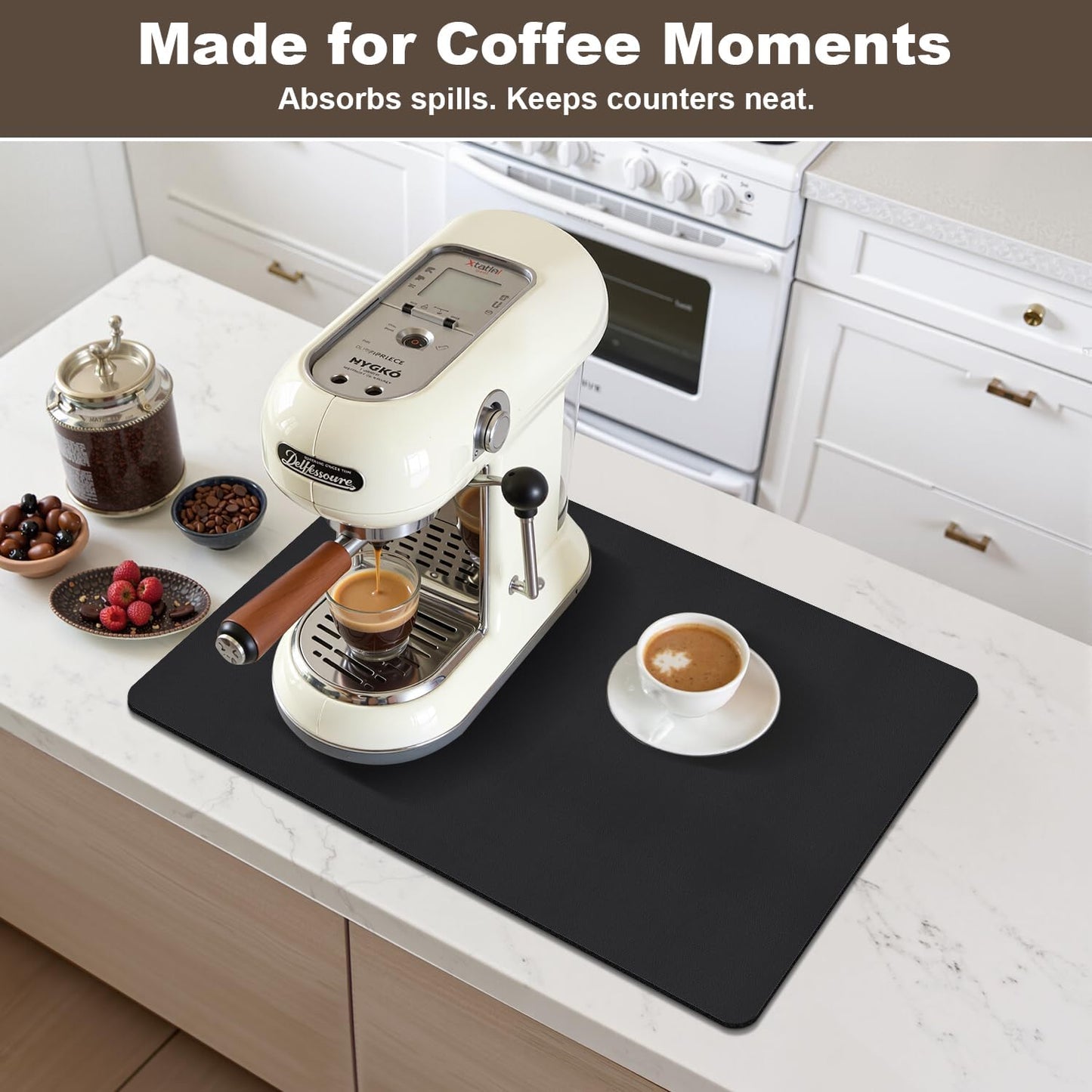Coffee Mat,Absorbent Dish Drying Mat for Kitchen Counter,Coffee Bar Mat,Non-Slip Rubber Backed,Hide Stains & Quick Dry,for Espresso Machine,Coffee Station,Cups & Sink,12" x 20"(Black)