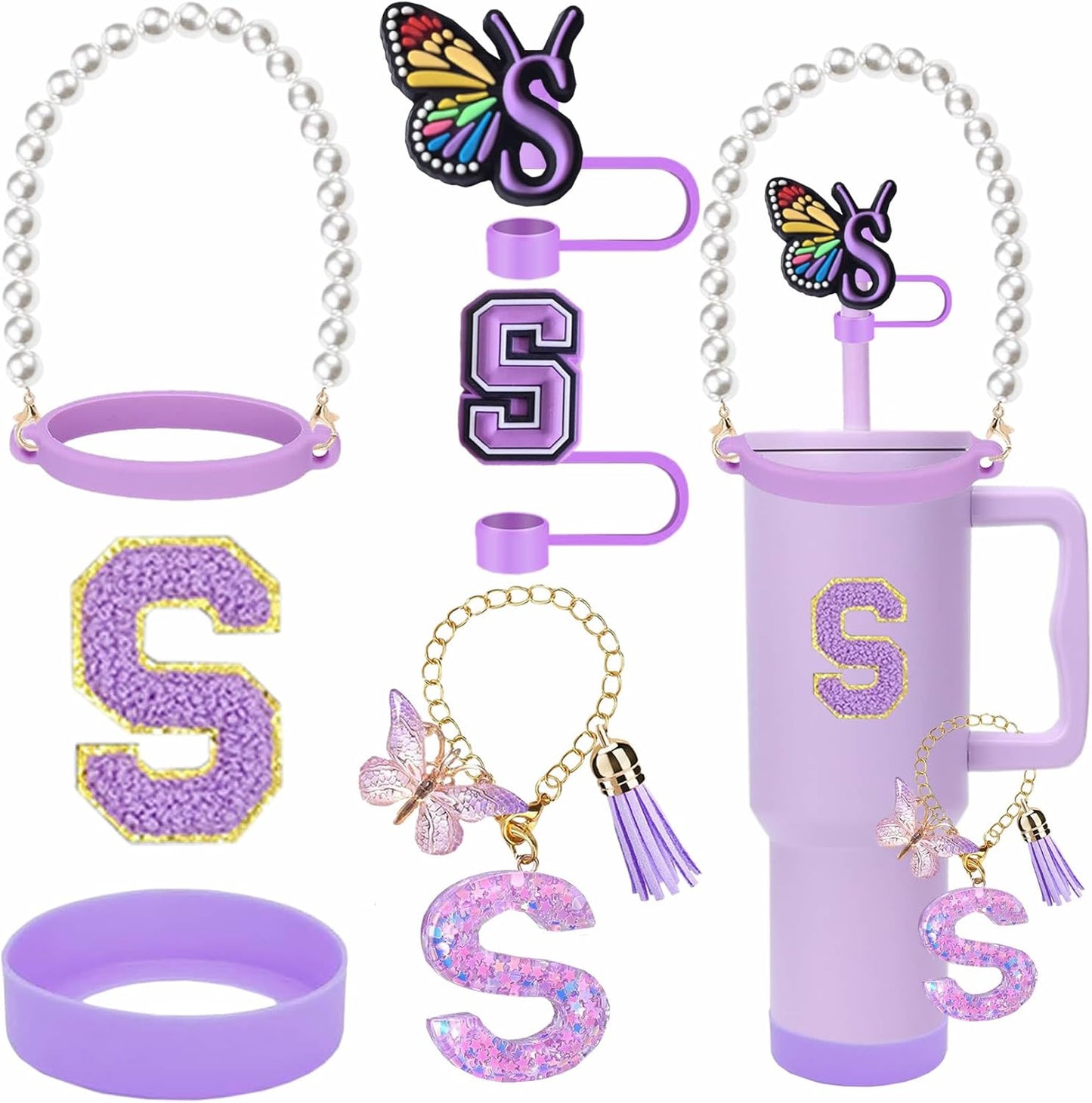 7pcs Cup Accessories for Stanley 30/40oz Tumbler, Handle Strap, Straw Cover, Silicone Boot, Letter Charm Stickers