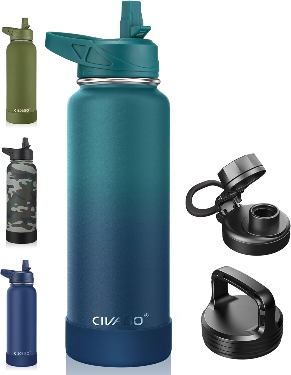CIVAGO 32 oz Insulated Water Bottle With Straw, Stainless Steel Sports Water Cup Flask with 3 Lids (Straw, Spout and Handle Lid), Wide Mouth Travel Thermal Mug, Black