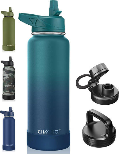 CIVAGO 32 oz Insulated Water Bottle With Straw, Stainless Steel Sports Water Cup Flask with 3 Lids (Straw, Spout and Handle Lid), Wide Mouth Travel Thermal Mug, Black