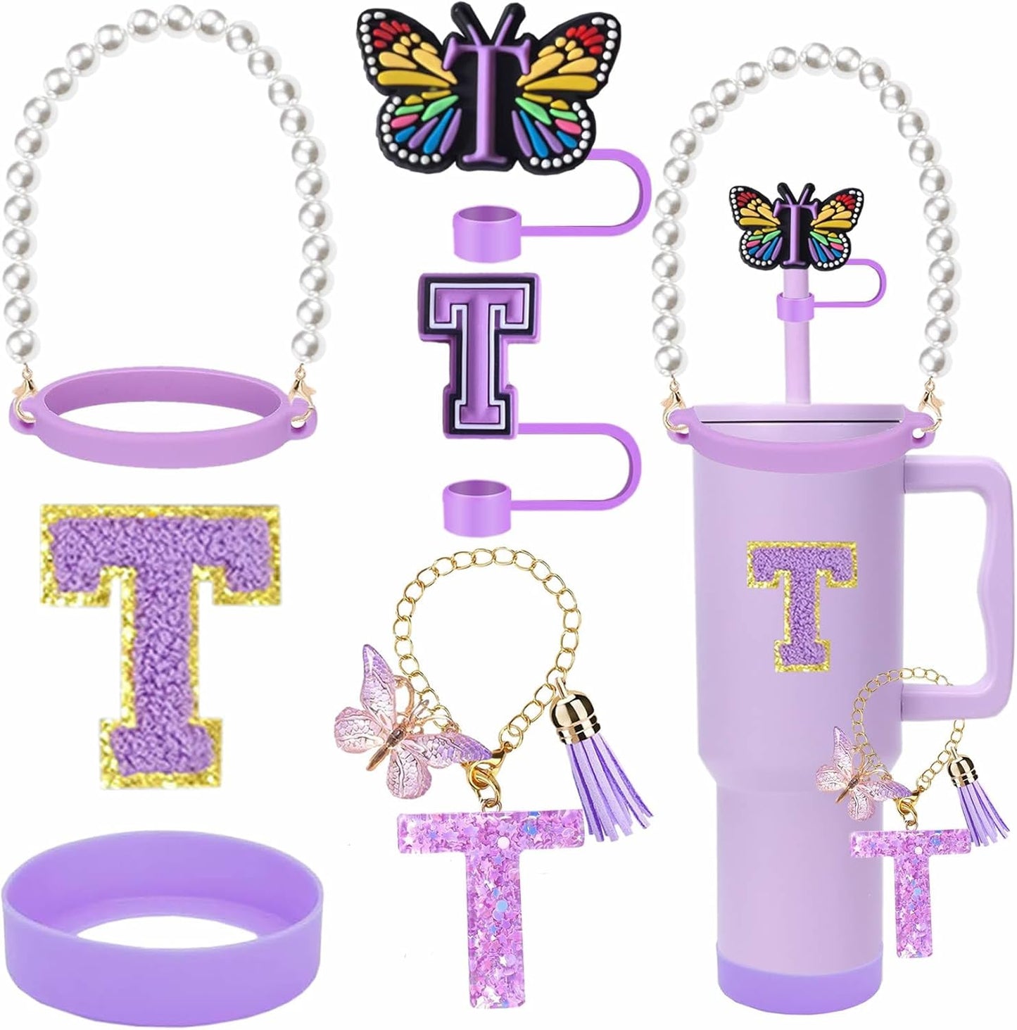 7pcs Cup Accessories for Stanley 30/40oz Tumbler, Handle Strap, Straw Cover, Silicone Boot, Letter Charm Stickers