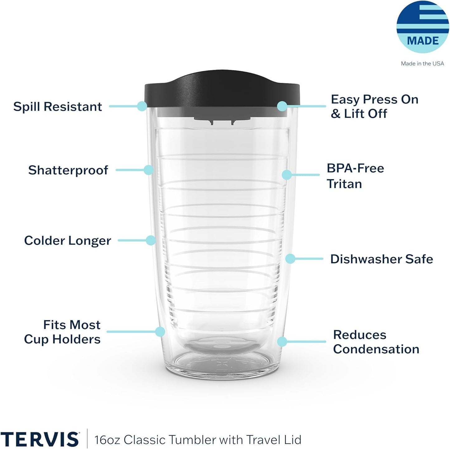 Tervis Clear & Colorful Lidded Made in USA Double Walled Insulated Tumbler Travel Cup Keeps Drinks Cold & Hot, 24oz, Black Lid, 1 Count (Pack of 1)
