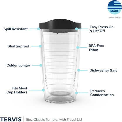 Tervis Clear & Colorful Lidded Made in USA Double Walled Insulated Tumbler Travel Cup Keeps Drinks Cold & Hot, 24oz, Black Lid, 1 Count (Pack of 1)