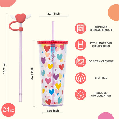 bzyoo SIP 24oz (710ml) Double Wall Plastic Tumbler with Lid and Straw Cold Drink Travel Mug Reusable Party Cup Perfect for Office Ice Coffee or Tea and Gift Color: Pink & Purple