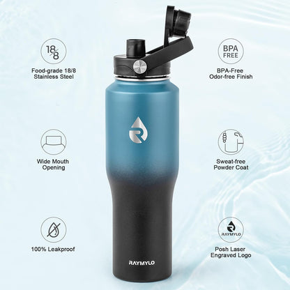 RAYMYLO 40 oz Insulated Water Bottle with Straw fit in Car Cup Holder, Triple Wall Vacuum Stainless Steel(Cold 48 hrs, Hot 24 hrs), Leakproof & Non-BPA, Hydro Travel Flask with Straw and Spout Lid