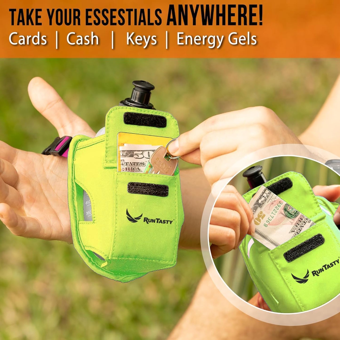 2-in-1 Running Fun: Handheld 12 Oz Water Bottle & Running Belt Add-On. No-Grip Design Straps on Hand & Slides on Belt. Waterproof Pocket for Money, Keys. Maximize Time, Freedom & Health