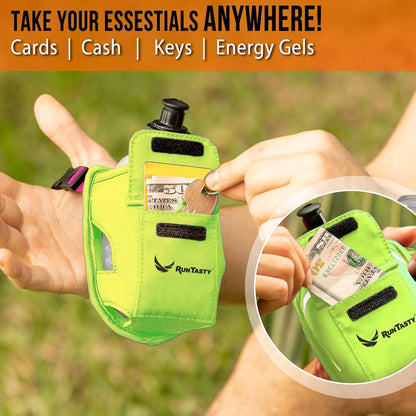 2-in-1 Running Fun: Handheld 12 Oz Water Bottle & Running Belt Add-On. No-Grip Design Straps on Hand & Slides on Belt. Waterproof Pocket for Money, Keys. Maximize Time, Freedom & Health