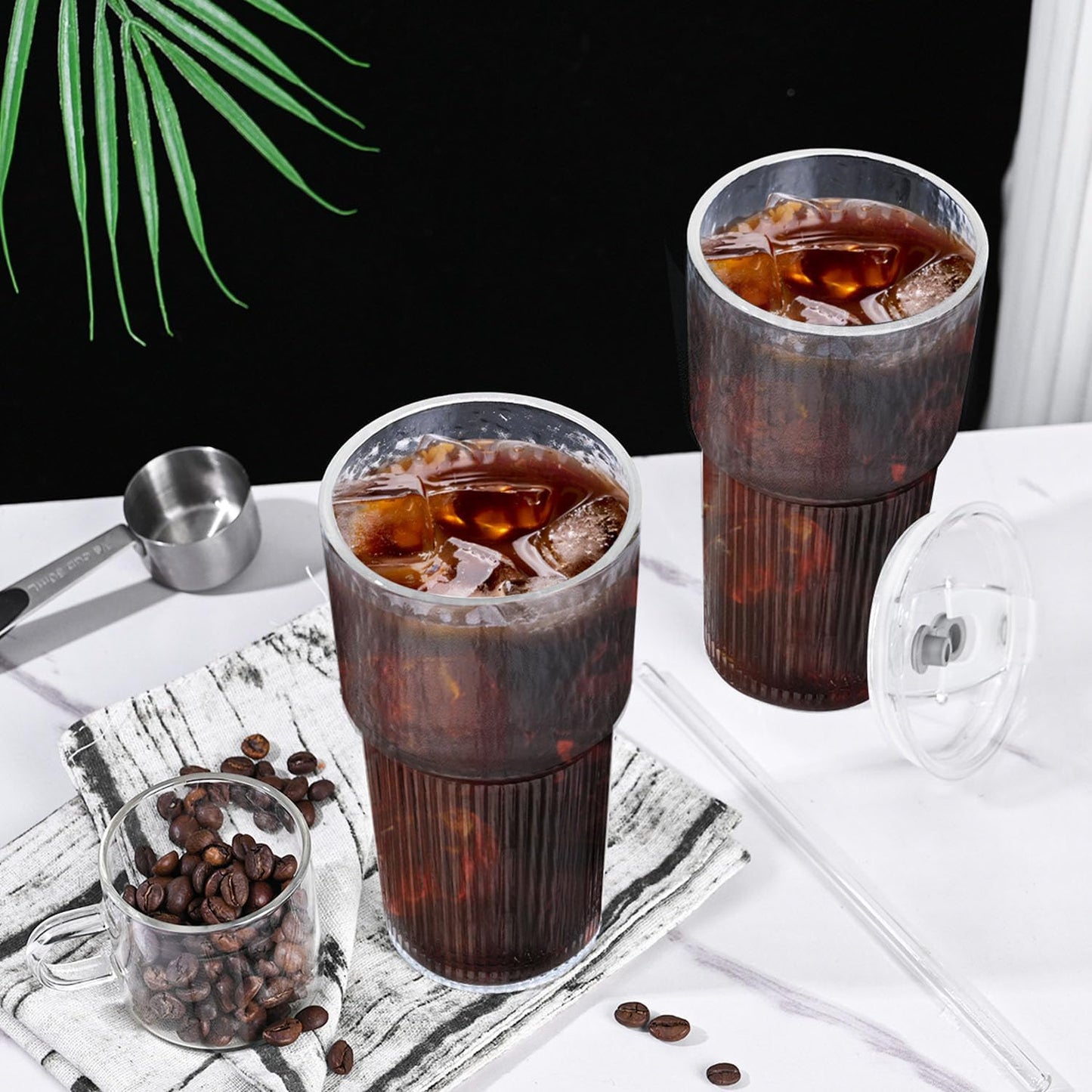 20oz Glass Tumblers with Lids and Straws,2PCS Glass Cups with Lids and Straws,Iced Coffee Cups with Lid,Drinking Glasses for Juice, Smoothies