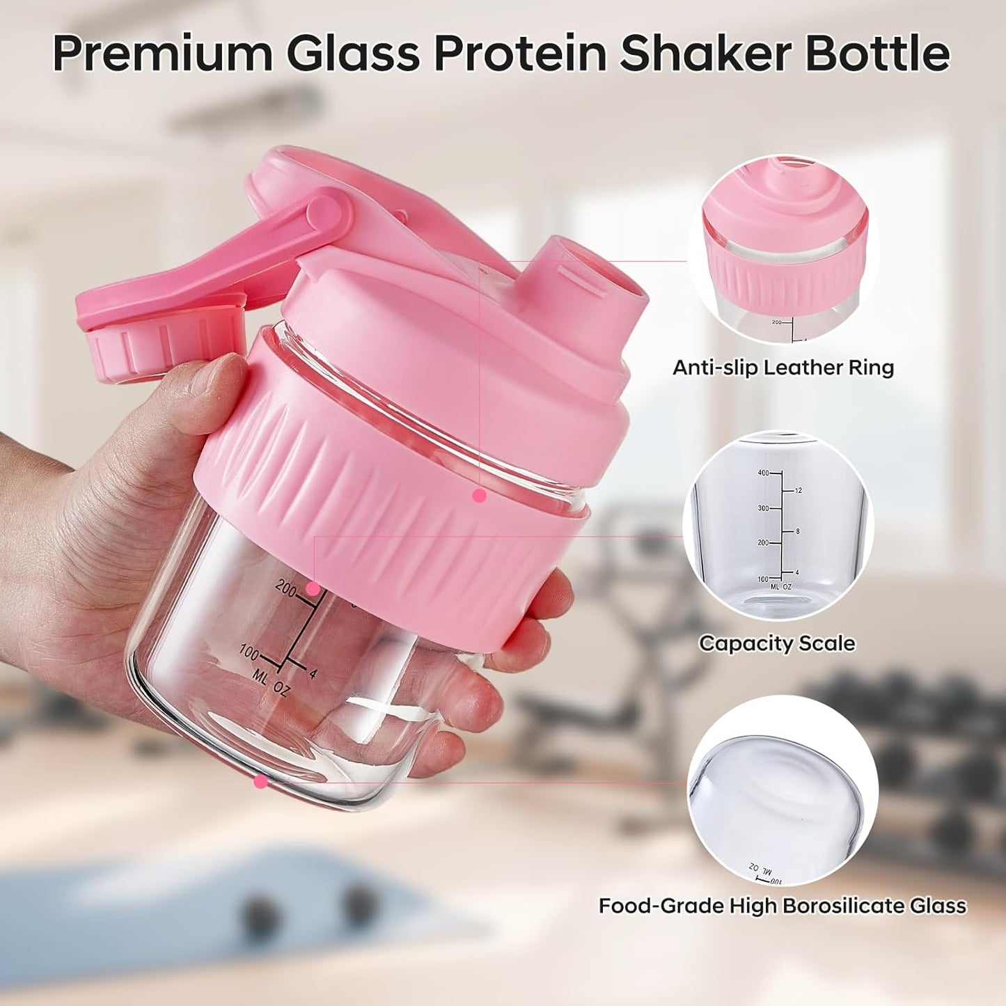 16oz Glass Shaker Bottle for Protein, Small Borosilicate Glass Protein Powder Leak-Proof Shaker Cup Mixes with 304 Blending Ball(16oz,Black)