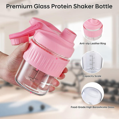 16oz Glass Shaker Bottle for Protein, Small Borosilicate Glass Protein Powder Leak-Proof Shaker Cup Mixes with 304 Blending Ball(16oz,Black)