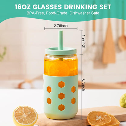 Mrsdry Glass Cups with Lids and Straws (4 Pcs), 16oz Drinking Glasses Set with Silicone Sleeves for Coffee Bar Accessories Iced Coffee Cups with Lids, Glass Tumbler Reusable for Gifts