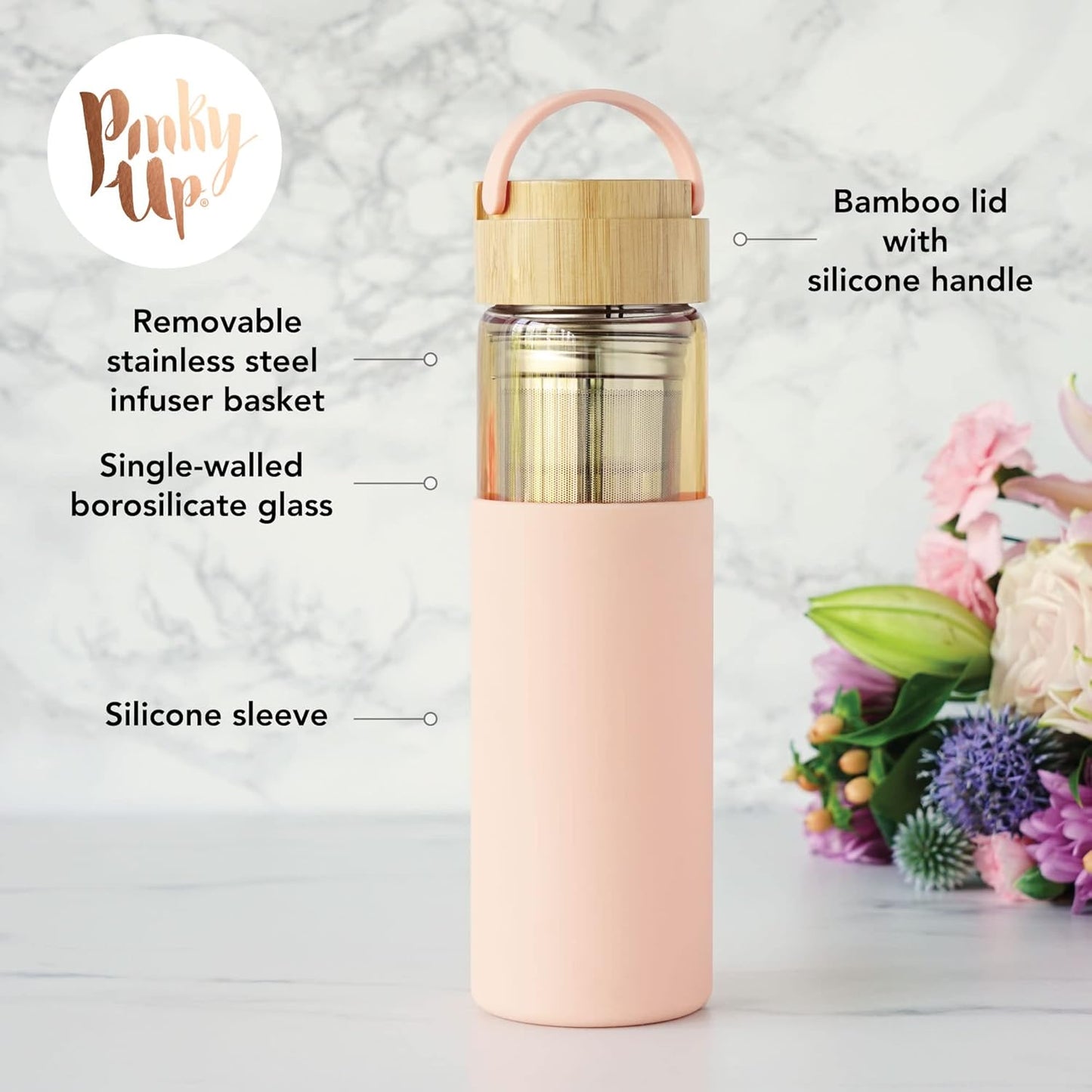 Pinky Up Blair Travel Tea Infuser Mug, Double Walled Insulated Travel Tumbler with Loose Leaf Tea Strainer, Travel Coffee Mug, Keeps Drinks Hot or Cold, 16 oz, White Leaf
