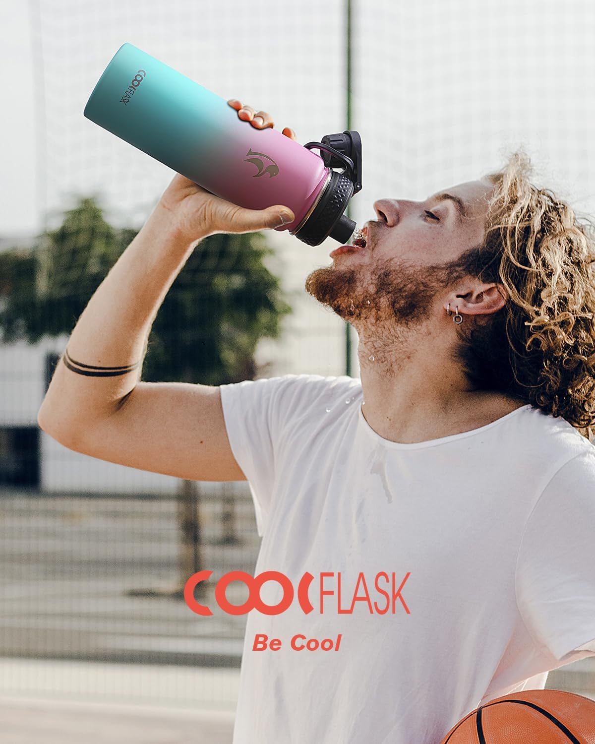Half Gallon Water Bottle Insulated with Straw & 3 Lids, Coolflask 64 oz Water Jug Large Metal Stainless Steel Wide Mouth for Sports, Gym or Office, Non-BPA Keep Cold 48H Hot 24H, Samurai Cyan