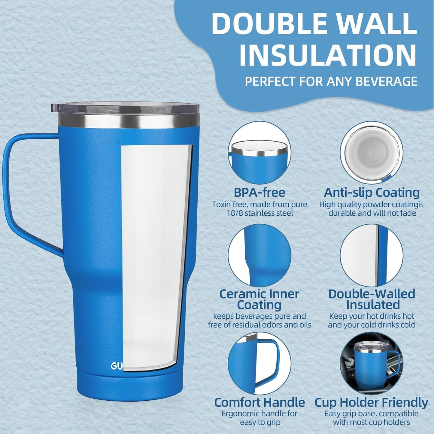20 oz Insulated Coffee Mug with Ceramic Coating, Stainless Steel Travel Mug Tumbler with Handle Lid and Straw, Double Wall Leak-Proof Coffee Travel Mug Keeps Drink Hot and Cold (Black)