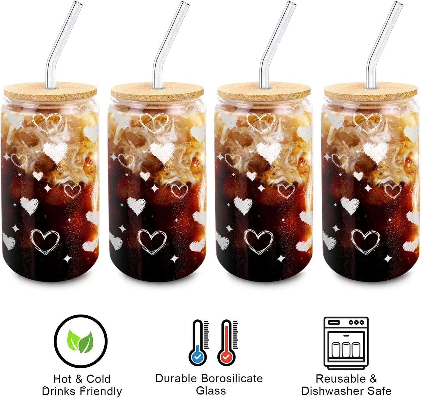 Glass Cups with Lids and Straws 1Pack,Glass Coffee Cups,Glass Cup with Lid for Iced Coffee,Smoothie,Cocktail,Beer,Whiskey,Soda,Matcha,16 Oz Glass Cup with Bamboo Lid,1 Brush