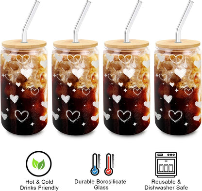 Glass Cups with Lids and Straws 1Pack,Glass Coffee Cups,Glass Cup with Lid for Iced Coffee,Smoothie,Cocktail,Beer,Whiskey,Soda,Matcha,16 Oz Glass Cup with Bamboo Lid,1 Brush