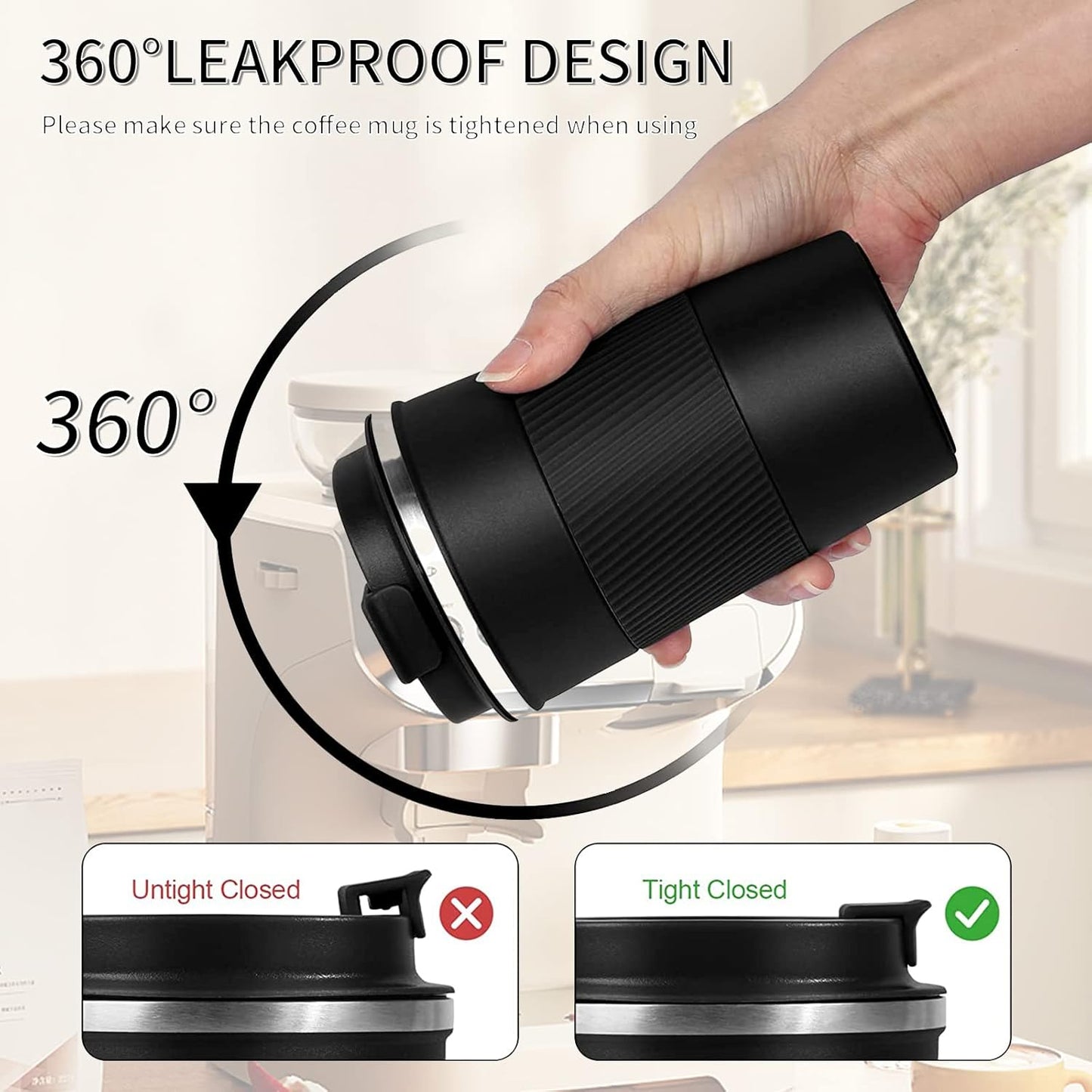 YINBAOGE Insulated Travel Coffee Mug, Spill & Leak Proof, Portable To Go Camping Stainless Steel Coffee Tumbler, Reusable Thermal Coffee Cup with Lid for Hot & Cold Drinks (Black, 12 OZ)