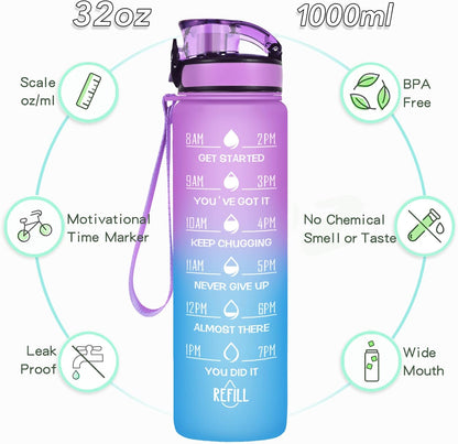 Enerbone Water Bottle, Leakproof BPA & Toxic Free, Motivational Water Bottle with Times to Drink and Straw, Fitness Sports Water Bottle with Strap for Office, Gym, Outdoor Sports