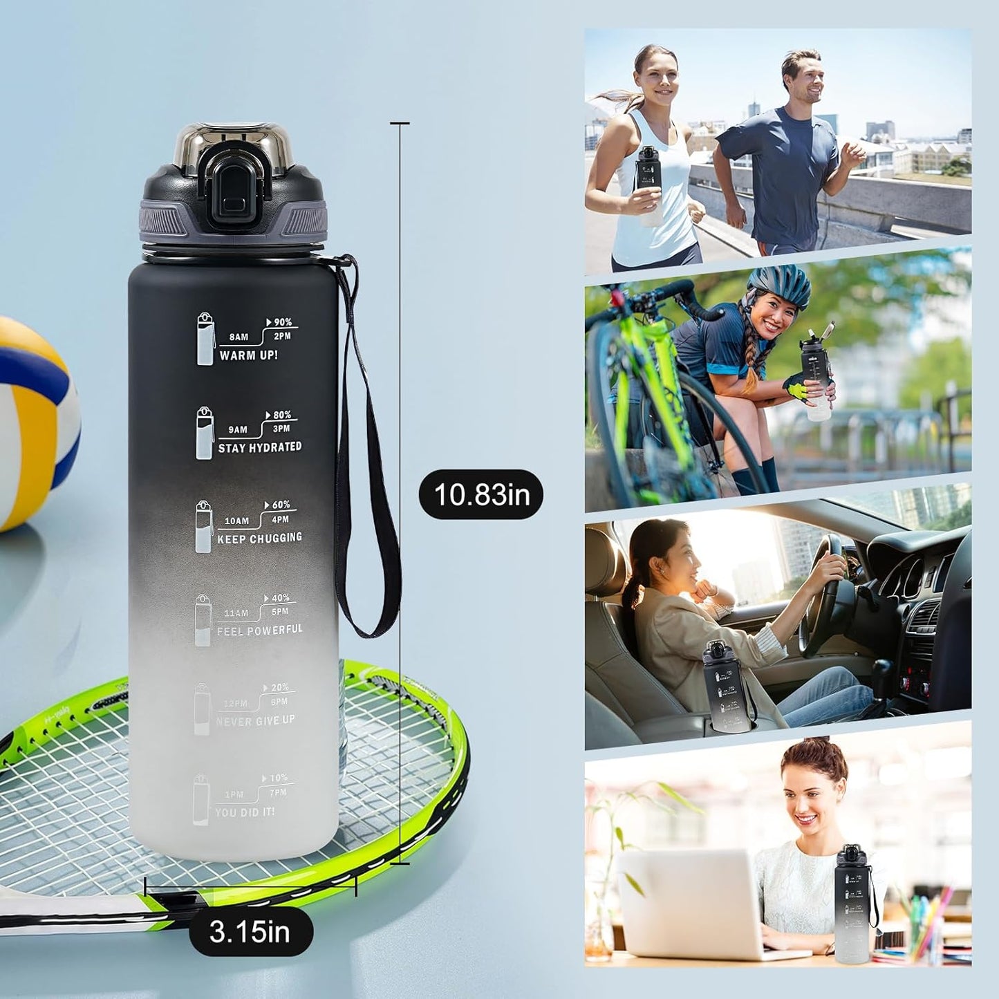 Water Bottle with Straw 1L,Boys Water Bottles with Straw 1 Litre,Waterbottle Leak-Proof Sports Water Bottle,Plastic Drinks Bottles Toxin Free，Bpa-Free (Cyan Black)