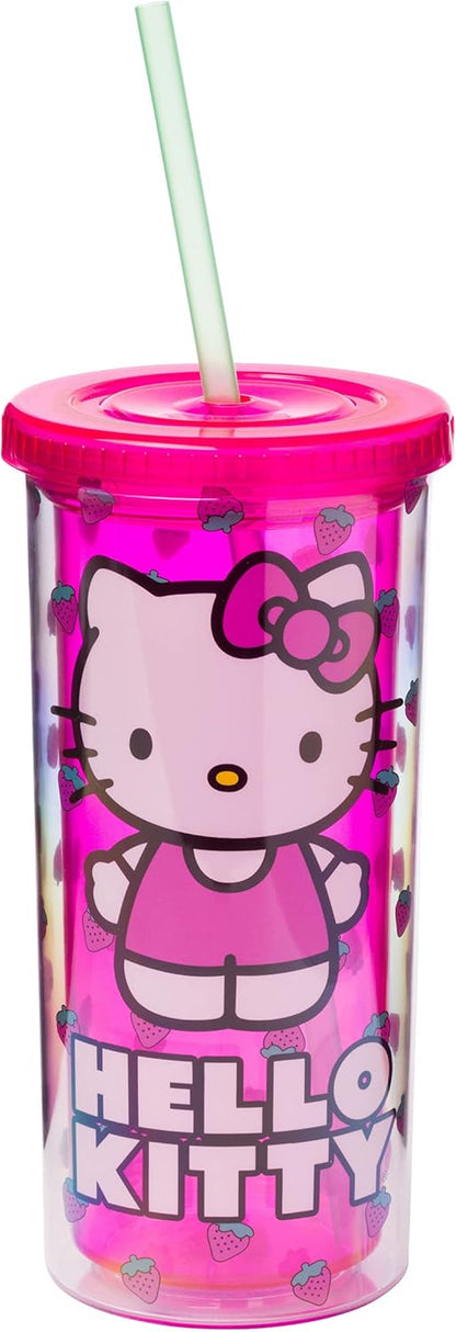 Silver Buffalo Sanrio Hello Kitty Milk Carton Pattern Plastic Boba Tumbler w Lid and Wide Straw, 24 Ounces