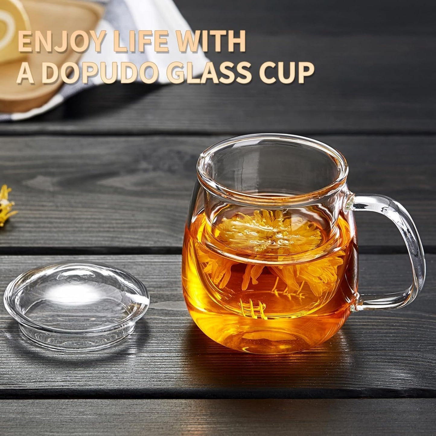 DOPUDO Glass Tea Cup with Infuser and Lid, 17.6oz/520ml Large Borosilicate Teacup,Tea Glass, Clear Mug for Loose Leaf Tea, Blooming Tea, Microwave & Dishwasher Safe - Tea Maker Gift for Birthday.