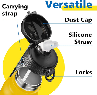 Han's Bottle Sports Water Bottle - 24 Oz, Straw Lid, Leak Proof, Vacuum Insulated Stainless Steel, Double Walled, Thermo Mug,Black