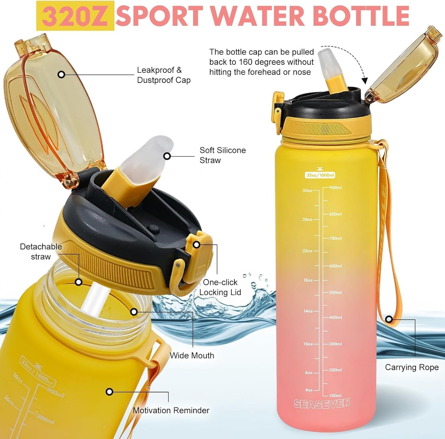 Water Bottle with Straw 1L,Boys Water Bottles with Straw 1 Litre,Waterbottle Leak-Proof Sports Water Bottle,Plastic Drinks Bottles Toxin Free，Bpa-Free (Cyan Black)
