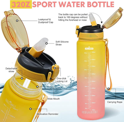 Water Bottle with Straw 1L,Boys Water Bottles with Straw 1 Litre,Waterbottle Leak-Proof Sports Water Bottle,Plastic Drinks Bottles Toxin Free，Bpa-Free (Cyan Black)