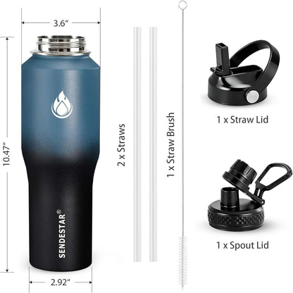 SENDESTAR 40oz Water Bottle Wide Mouth Stainless Steel Vacuum Insulated Double Wall with Straw Lids Fit in Any Car Cup Holder
