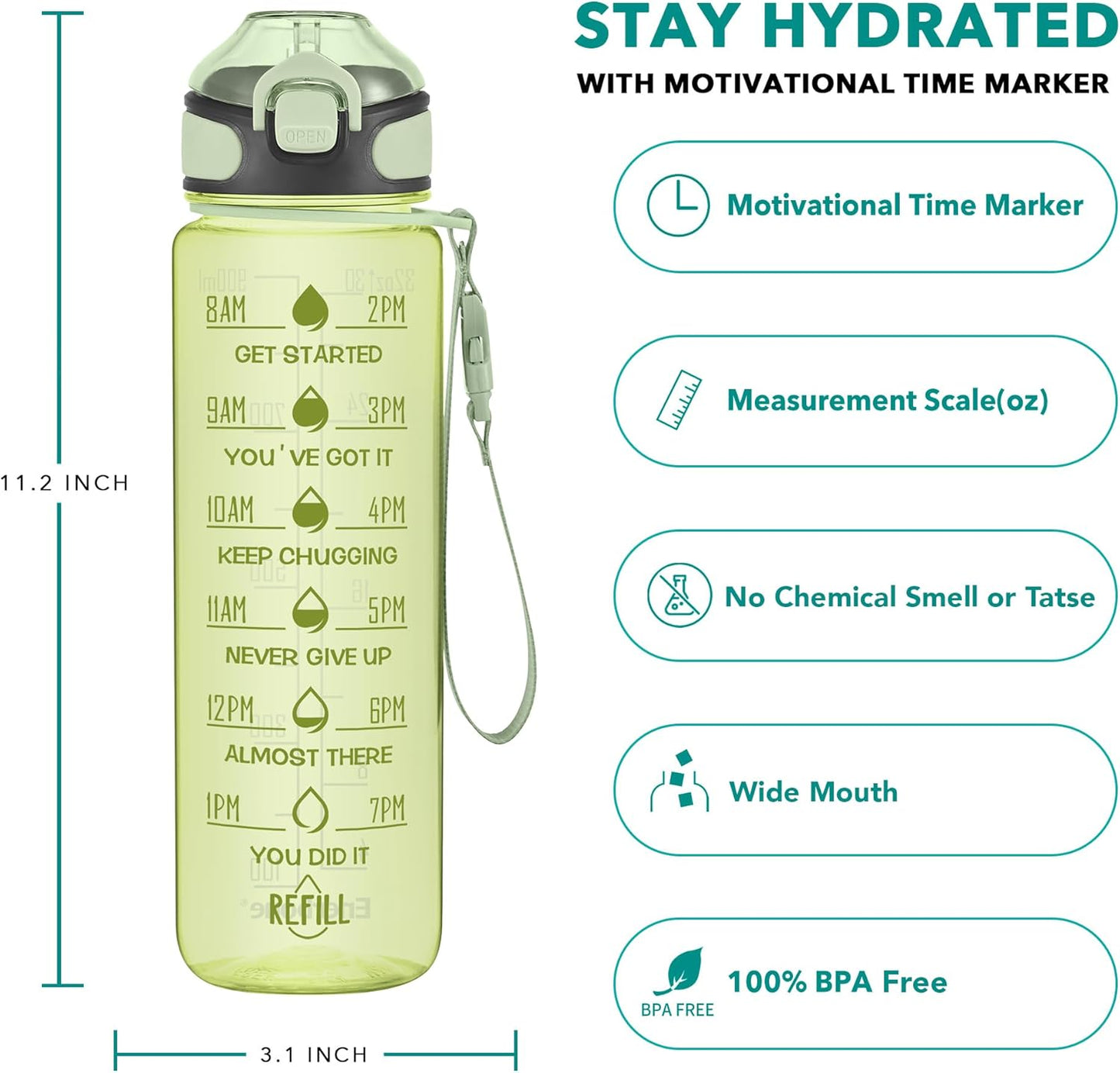Enerbone 32 oz Drinking Water Bottle with Times to Drink and Straw, Motivational with Carrying Strap, Leakproof BPA & Toxic Free, Ensure You Drink Enough Water for Fitness Gym Outdoor