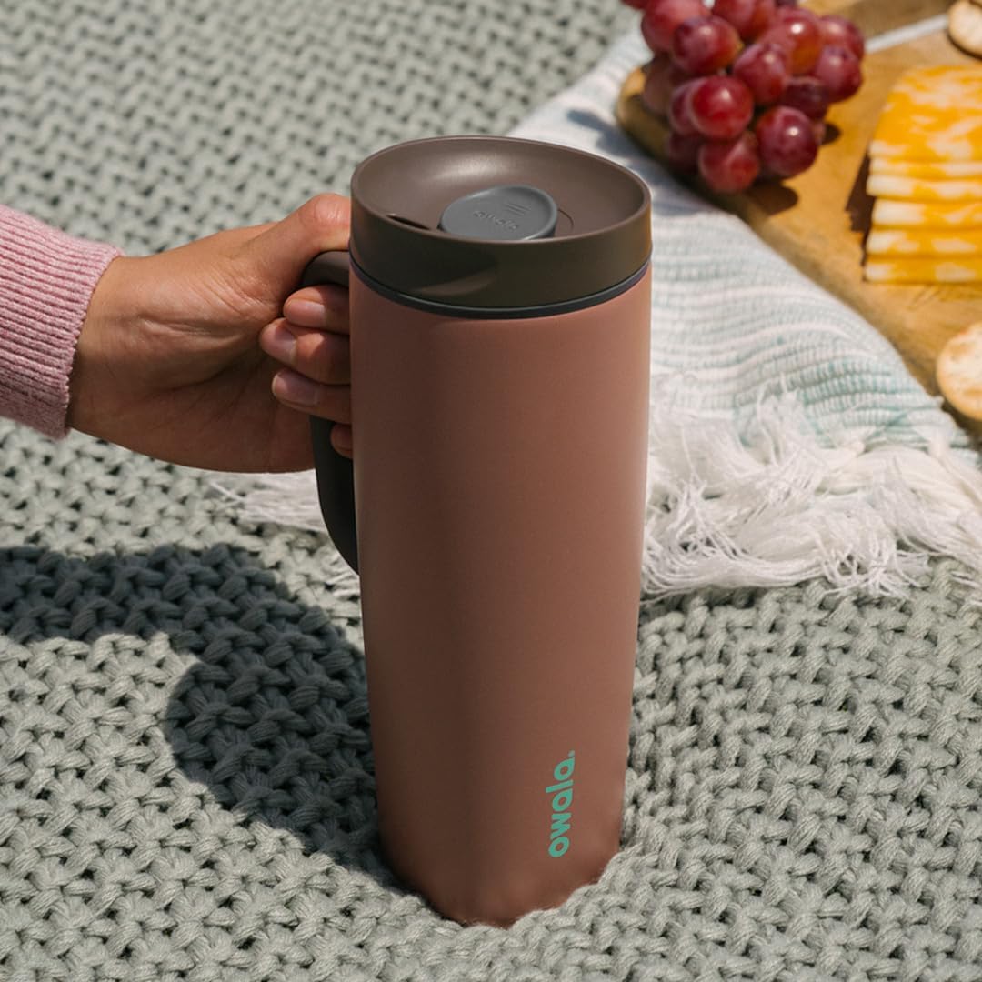 Owala SmoothSip Slider Insulated Stainless Steel Coffee Tumbler, Reusable Iced Coffee Cup, Hot Coffee Travel Mug, BPA Free 20 oz, Grey/Blue (High Dive)