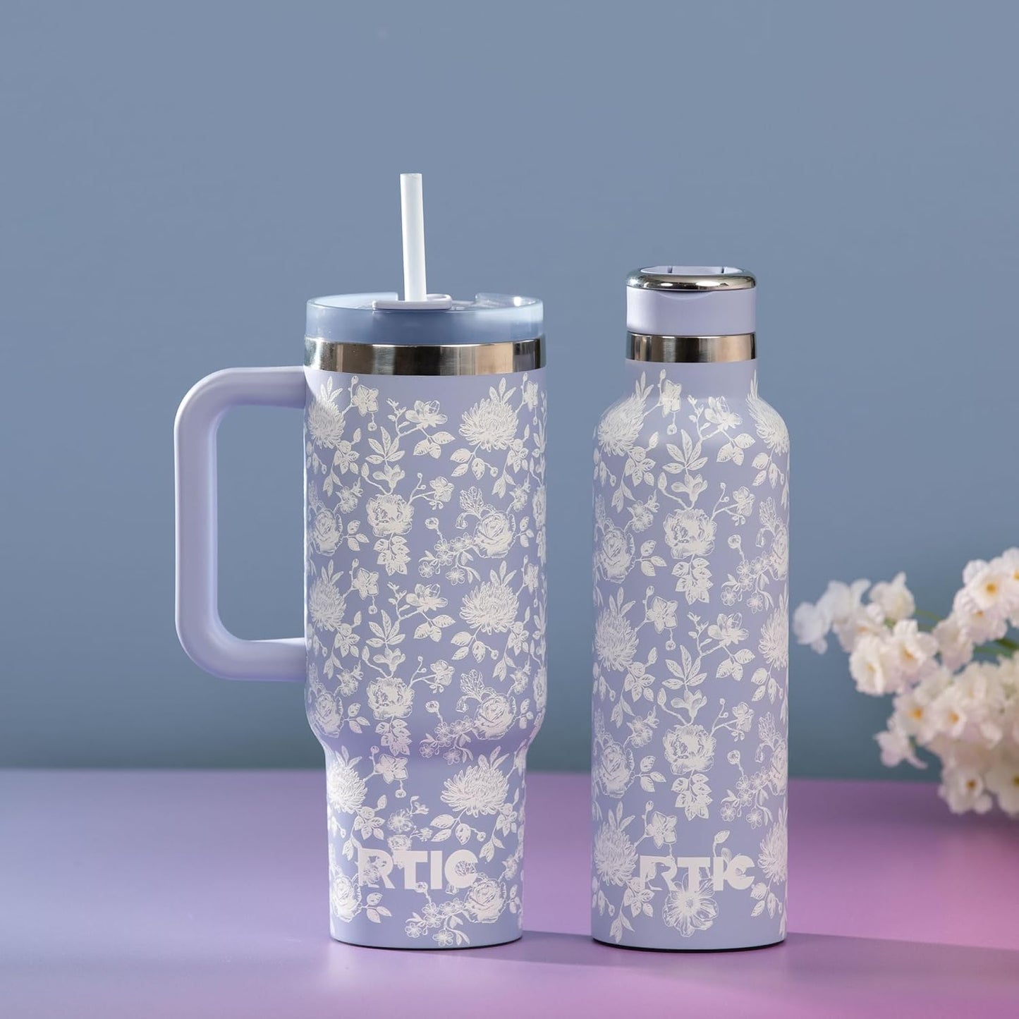 RTIC 30 oz Road Trip Tumbler Double-Walled Ceramic Lined InsulatedStainless Steel Portable Travel Coffee Mug Cup with Lid, Handle and Straw, Periwinkle Bouquet