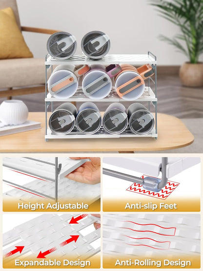 Cirhy Adjustable Water Bottle Organizer Holder for Cabinet, 3-Tier Expandable Water Bottle Storage Rack for Tumblers, Travel Mugs, and Cups – Kitchen Pantry Organization and Storage for Stanley Cups