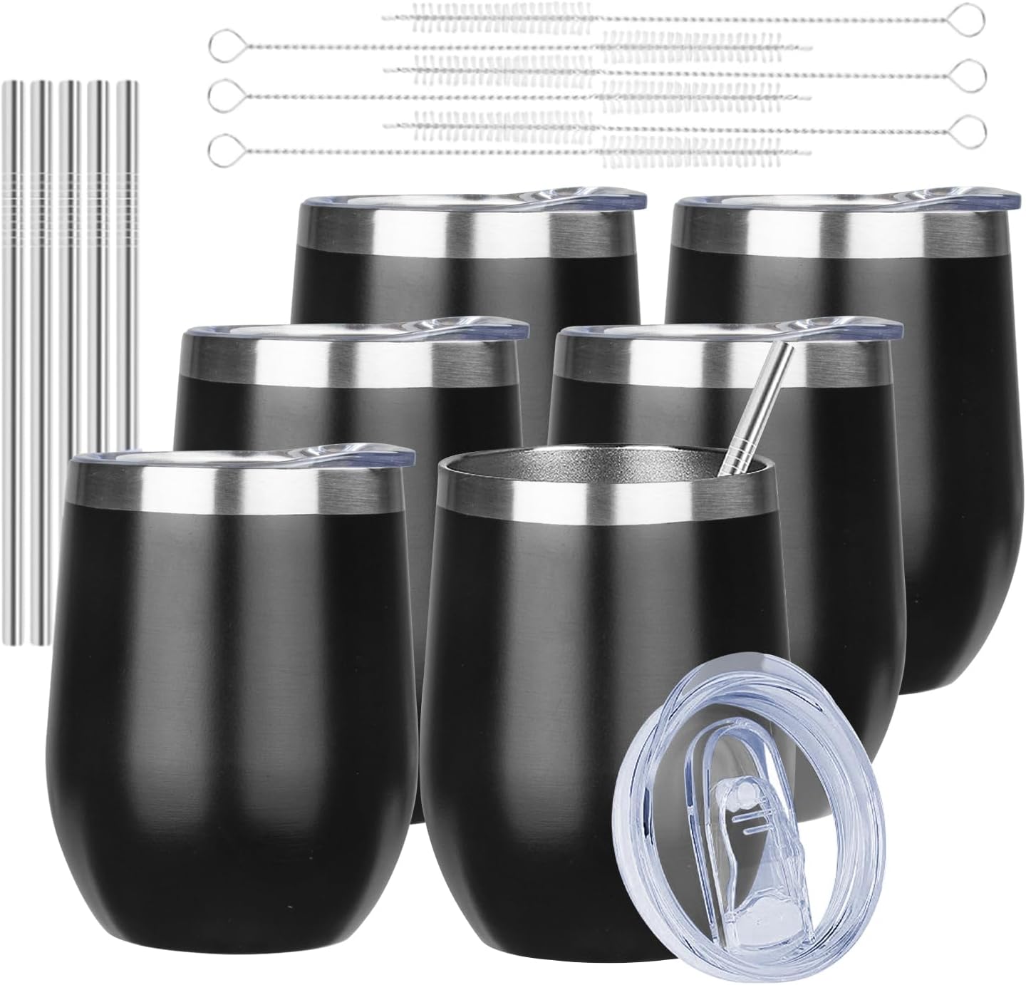 MEZMUT 12 Oz Insulated Wine Tumbler with Lid Double Wall Vacuum Stainless Steel Wine Glass Coffee Mug Insulated Tumbler Cup for Champaign, Cocktail, Beer (Black, 1 Pack)
